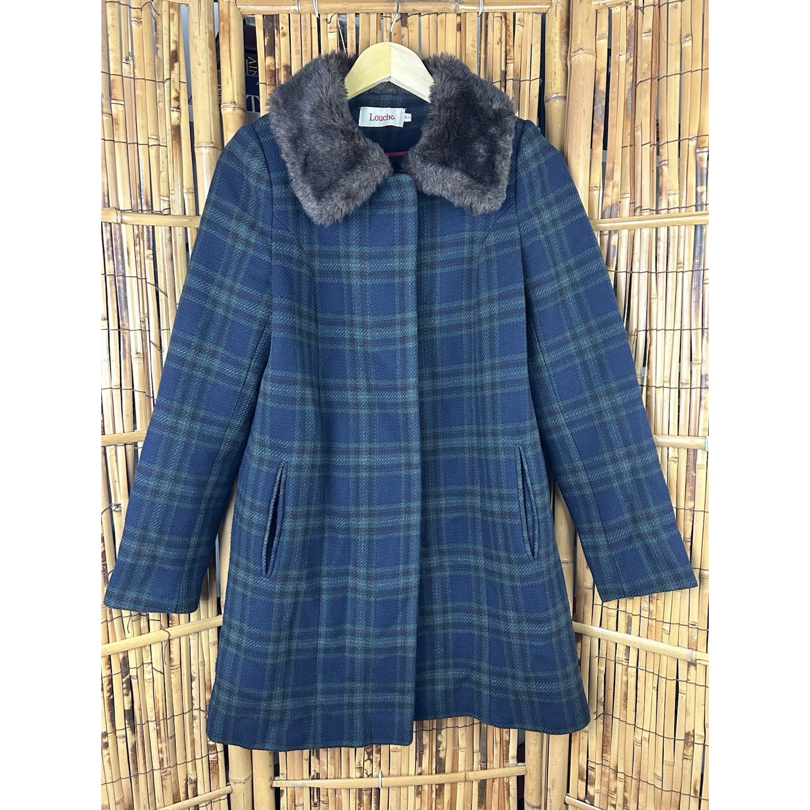 Anthropologie Louche London Ronnie Check Tartan Faux Fur Collar Coat Size 10s